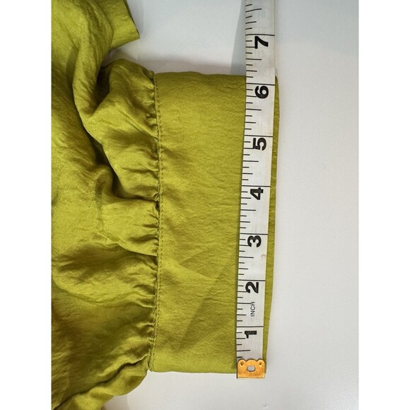 Aakaa Chartreuse Satin Draped Midi Dress Sz M Green V-Neck Ruched Cocktail Chic - Picture 9 of 13